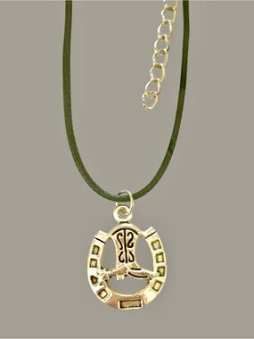 Silvertone Horseshoe & Boot Charm Necklace on black Cord